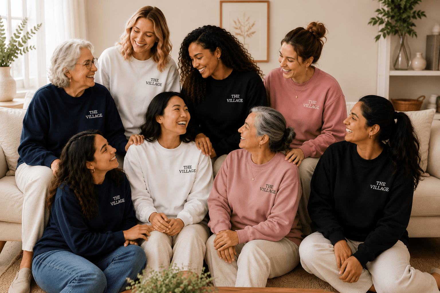 The Village Collection sweatshirts worn by a group of women